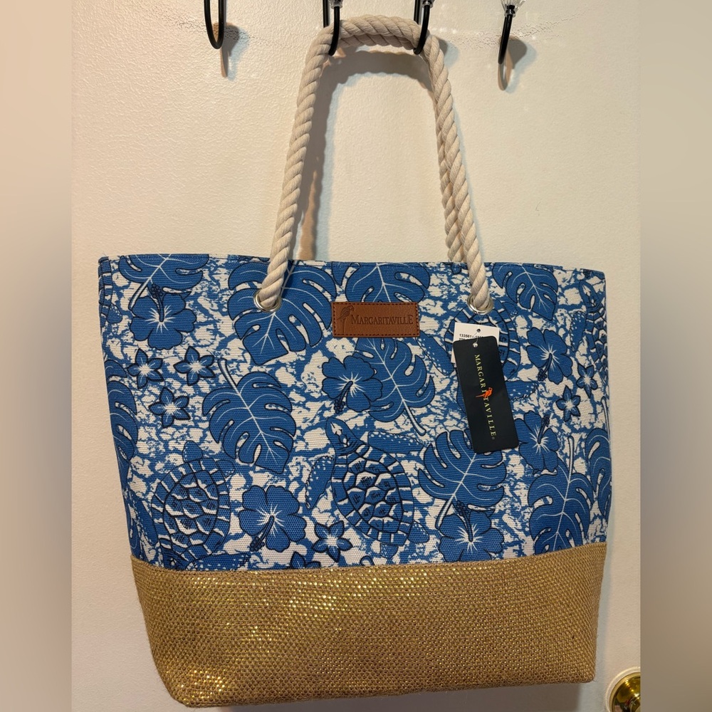 Margaritaville Blue White Tropical Tote with Gold Base